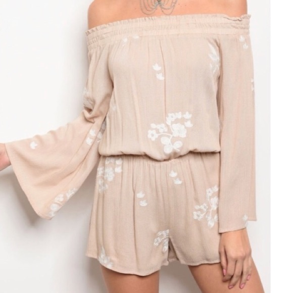 Off the Shoulder Taupe Embroidered Romper - Picture 2 of 8